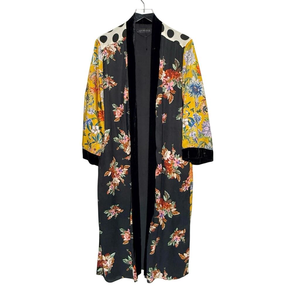Zara Contrasting Print Kimono Long Duster M Dark Floral Polka Dot Floral *flaw